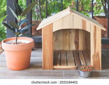 Empty Wooden Dog's House With Dog Food Bowl  In Balcony Decorated With Houseplant In Plant Pot.