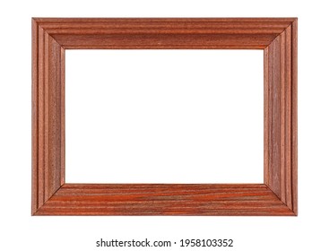 Empty wooden frame for photo or artwork with mahogany texture border isolated on white background
