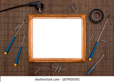 Empty Wooden Frame With Tools - White Picture Frame To Put Your Text Here