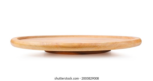 Empty wooden plate or round wooden board isolated on white background.
