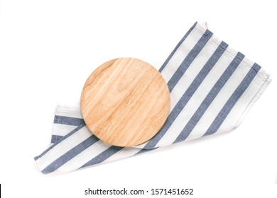 Empty Wooden Platter With Blue Napkin Isolated On White Background, Top View, Copy Space. Wooden Cutting Board For Pizza, Design Element.