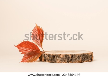 Empty wooden product podium with autumn leaves on beige background. Podium for product presentation, fall concept
