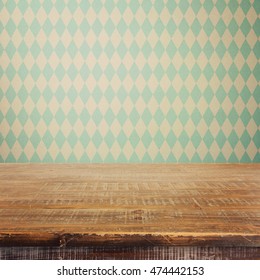 Empty Wooden Rustic Table Over Bavarian Pattern Wallpaper. Oktoberfest Beer Festival Concept