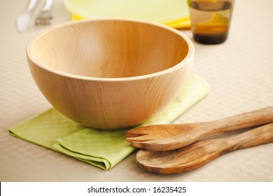 Empty Wooden Salad Bowl On The Kitchen Table