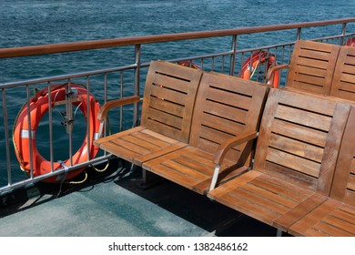 Empty Wooden Seat On The Deck Of The Ferry On Sea, Istanbul - TURKEY