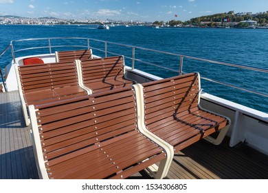 Empty Wooden Seat On The Deck Of The Ferry On Sea, Istanbul - TURKEY