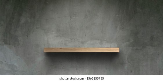 Empty Wooden Shelves On The Floor, Bare Concrete Walls For Placing Products Or Product

