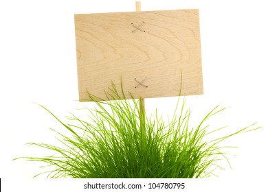 Empty wooden Sign with Fresh Green Grass / isolated on white