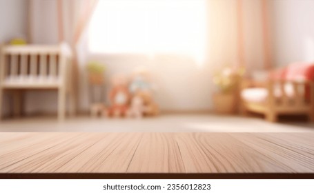 Empty wooden table in baby room interior