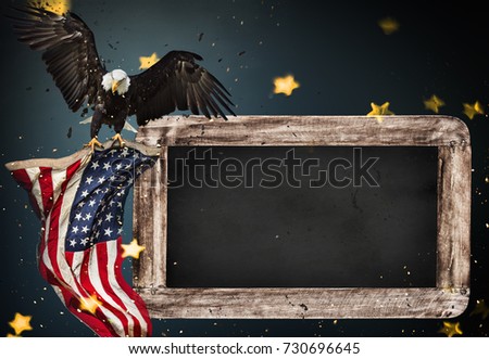 Empty wooden table with bald eagle and flag. USA national holidays concept.