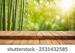 empty wooden table with bamboo garden background