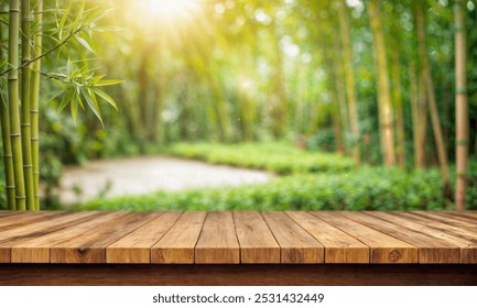 empty wooden table with bamboo garden background - Powered by Shutterstock