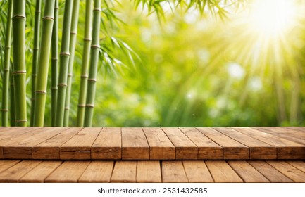 empty wooden table with bamboo garden background