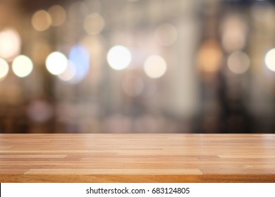 Empty Wooden Table And Blur Interior Background, Product Display,blurred Light Background With Bokeh,Ready For Product Montage,cafe And Restaurant