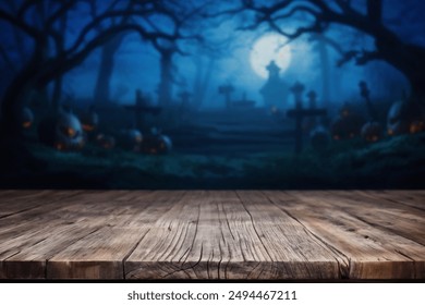 Empty wooden table and blurred with Halloween background. Halloween night. Mockup. Copy Space. - Powered by Shutterstock