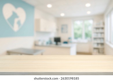 Mesa de madeira vazia embaçada Interior da clínica veterinária com mesa de exame. Hospital Animal, Instalação de cuidados com animais de estimação, Professional Vet Office Background for Medical, Pet Health, display, montagem do seu produto