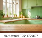 Empty wooden table with the bright white interior of the kitchen as a blurred background behind the bokeh golden sunshine