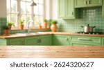 Empty wooden table with the bright white interior of the kitchen as a blurred background behind the bokeh golden sunshine