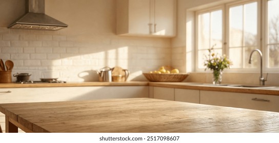 Empty wooden table with the bright white interior of the kitchen as a blurred background behind the bokeh golden sunshin