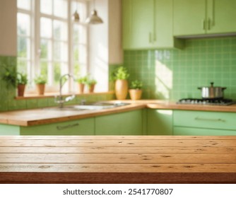 Empty wooden table with the bright white interior of the kitchen as a blurred background behind the bokeh golden sunshine