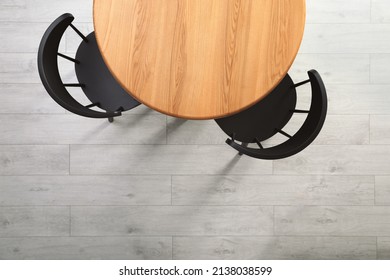 Empty Wooden Table And Chairs Indoors, Top View. Stylish Furniture