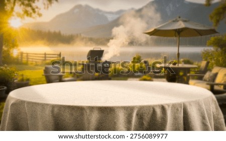 Empty wooden table with copy space with blurred garden background – summer vacation and relaxation product mockup. Natural landscape and peaceful and relaxing atmosphere. Vacation time, outdoor living, camping and barbecue moments. Lifestyle marketing, travel promotion, and seasonal product advertising.