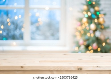 Empty wooden table in front of blurred winter holiday background with copyspace - Powered by Shutterstock