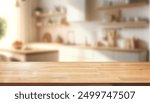 Empty wooden table front kitchen, blurred background, orange tone morning or evening, warm mood. Modern minimal style wood counter, decorated textured patterns, display food ,home decoration products.