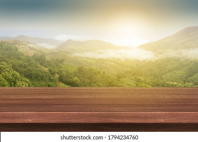 Empty wooden table isolated on mountain soft blurry background, of free space for your copy and branding. Use as products display montage. Vintage style concept. - Shutterstock ID 1794234760