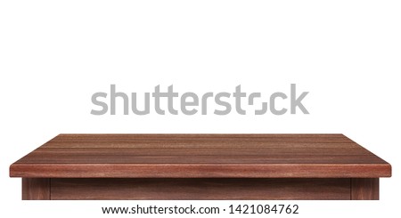Empty wooden table isolated on white background, of free space for your copy and branding. Use as products display montage. Vintage style concept.