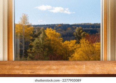 Empty wooden table and landscape background of forest and sky. Product display templates - Powered by Shutterstock