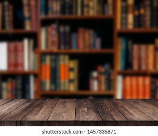 Empty Wooden Table And Modern Library Background