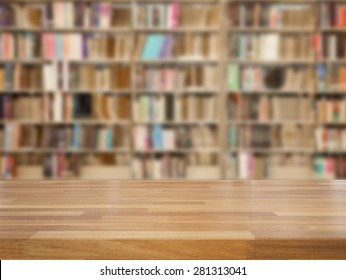 Empty wooden table and modern library background, product display