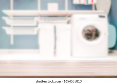 Empty Wooden Table On A Background Blur Laundry Room For Display Or Montage Your Products