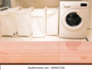 Empty Wooden Table On A Background Blur Laundry Room  For Display Or Montage Your Products


