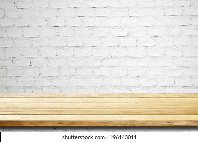 Empty Wooden Table Over White Brick Wall, Template.