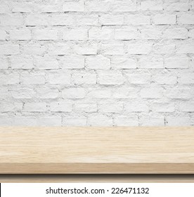 Empty Wooden Table Over White Brick Wall, Template