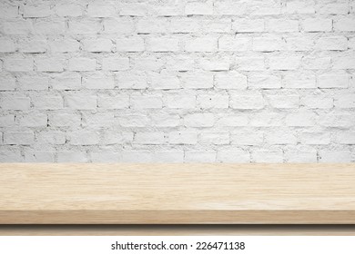 Empty Wooden Table Over White Brick Wall, Template