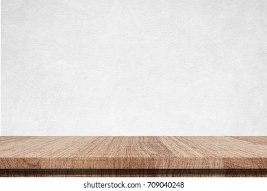 Empty Wooden Table Over White Cement Wall, Vintage, Background, Template, Product Display Montage