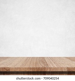 Empty Wooden Table Over White Cement Wall, Vintage, Background, Template, Product Display Montage