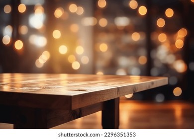 Empty wooden table platform and blurred background bokeh of at bar restaurant at night. Can be used for display or montage your products.Mock up for space.