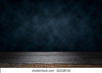 Empty Wooden Table Platform Over Dramatic Dark Cloud Background For Present Product