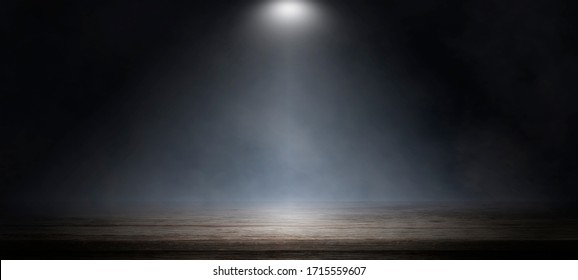 Empty Wooden Table With Smoke Float Up On Dark Background, Perspective Wooden Floor Shelf Table, Used As A Studio Background Wall To Display Your Products.