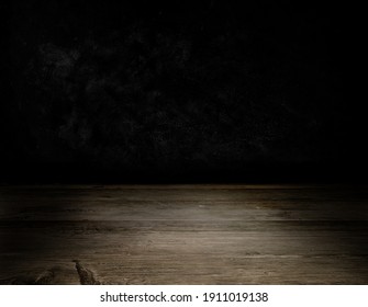 Empty Wooden Table With Smoke Float Up On Dark Background