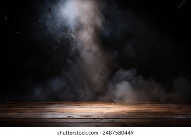 empty wooden table with smoke float up on dark background