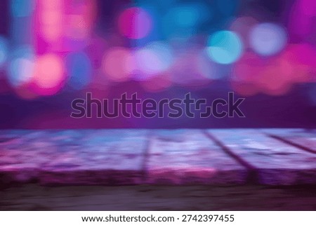 An empty wooden table surface in the foreground with a blurred background of colorful neon bokeh lights in shades of pink and blue, creating a vibrant and atmospheric scene.