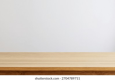 Empty Wooden Table Surface on White Wall Background