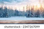 The empty wooden table top with blur background of winter in Finland. Exuberant image.