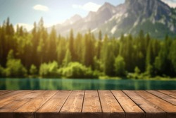 The Empty Wooden Table Top With Blur Background Of Summer Lakes Mountain. Exuberant Image.