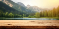 The Empty Wooden Table Top With Blur Background Of Summer Lakes Mountain. Exuberant Image.